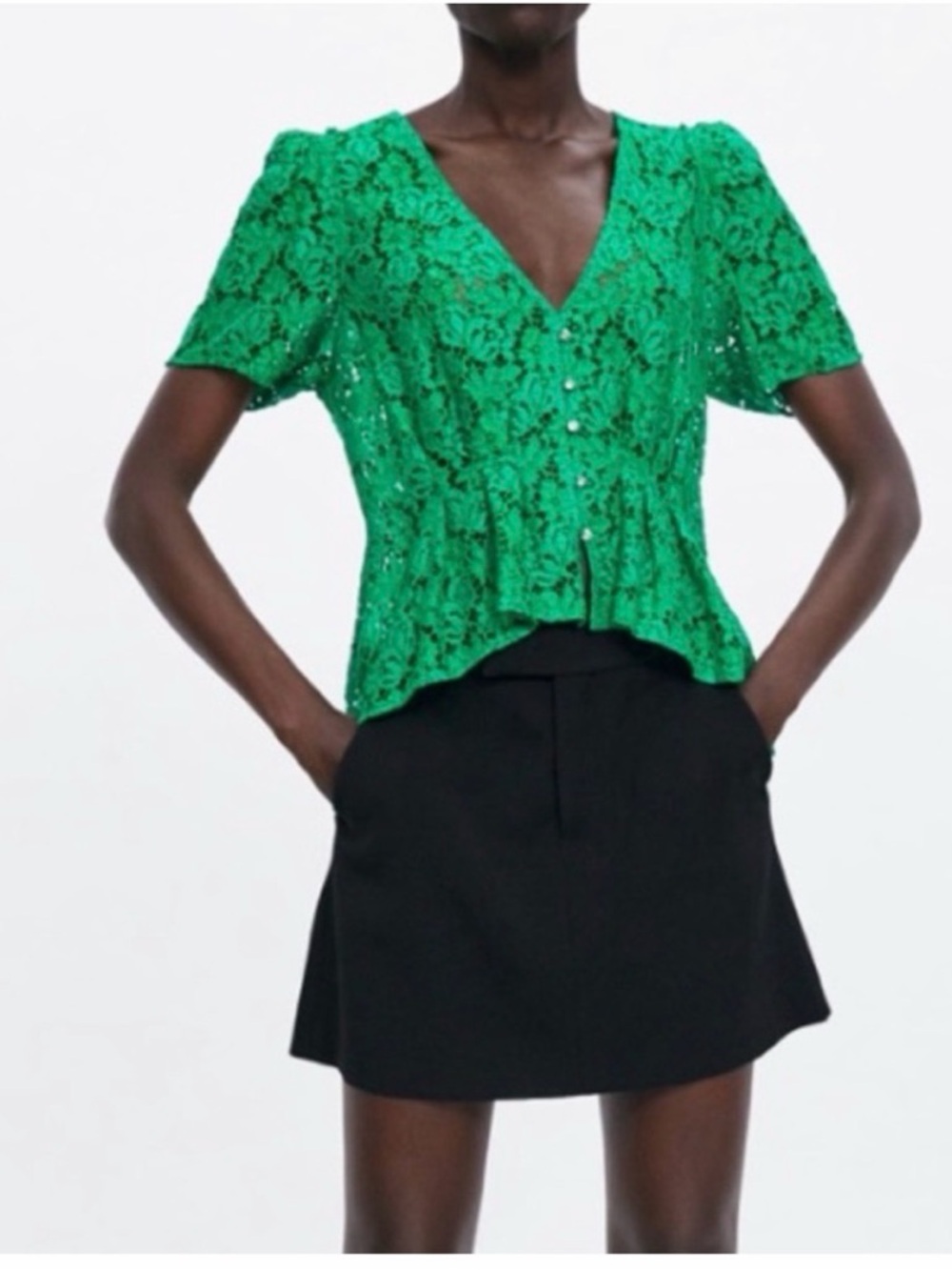 Zara Emerald Green Lace V-Neck Button-Front Top